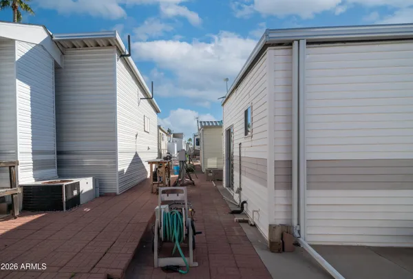 a view of a swimming pool with a garden