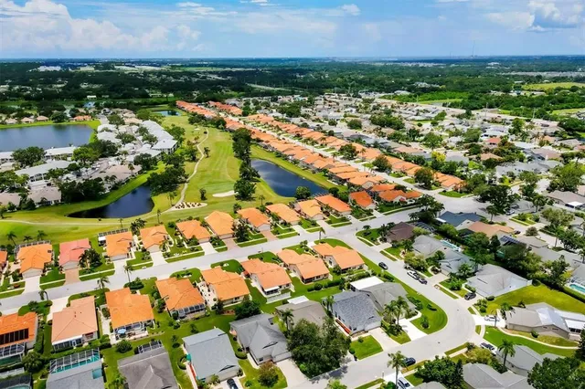 an aerial view of residential houses with outdoor space and swimming pool