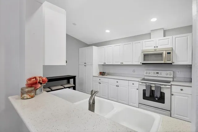 a kitchen with appliances a sink and cabinets