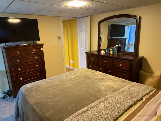 a bed room with a bed and a television