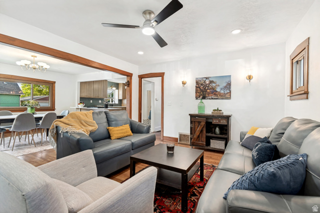 4883 South Center Street Murray, UT 84107 - Photo 10 of 32 Living area featuring wood-finish flooring, recessed lighting, and a ceiling fan