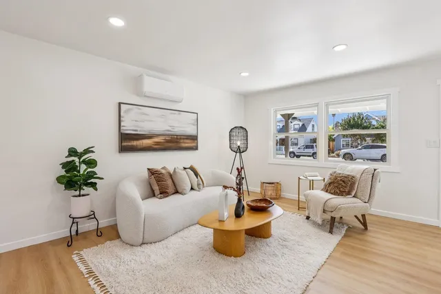 a living room with furniture and a potted plant