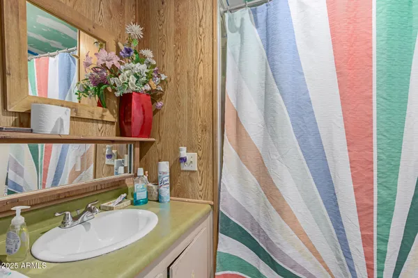a bathroom with a sink a mirror and a shower curtain