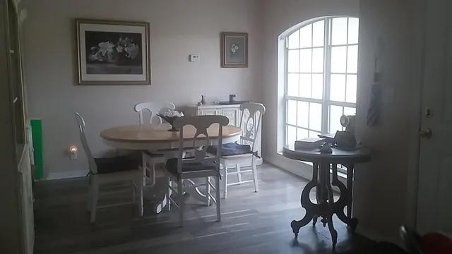 a dining room with furniture and window