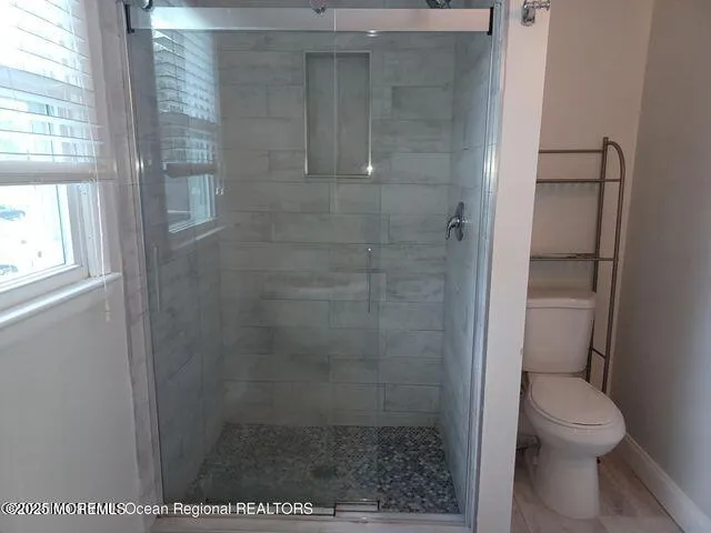 a bathroom with a shower and toilet