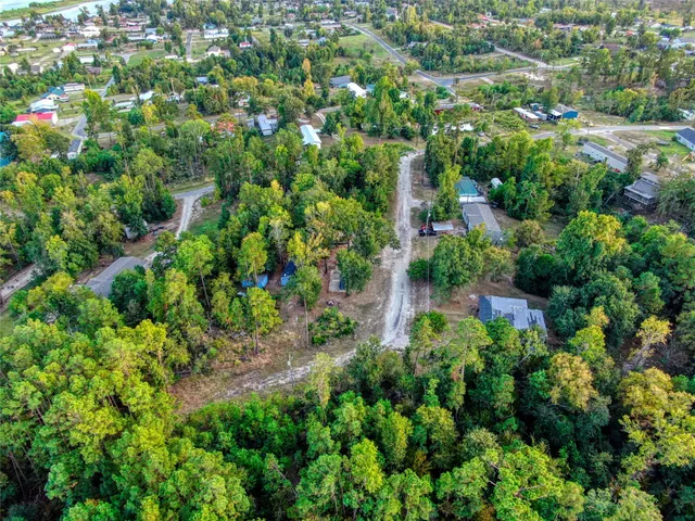an aerial view of residential houses with outdoor space and trees