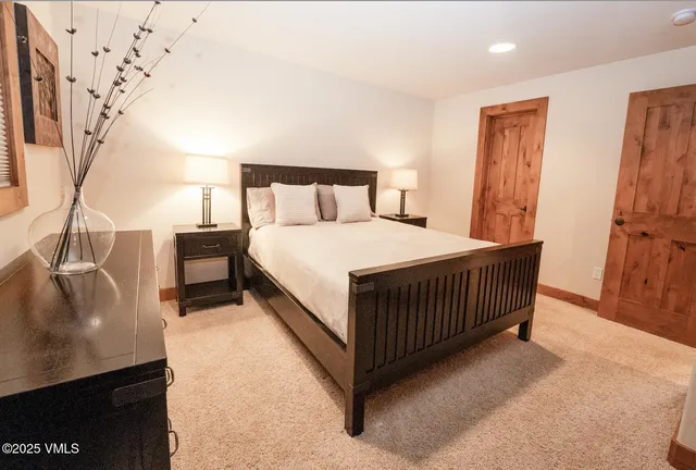 a bedroom with a bed and a closet