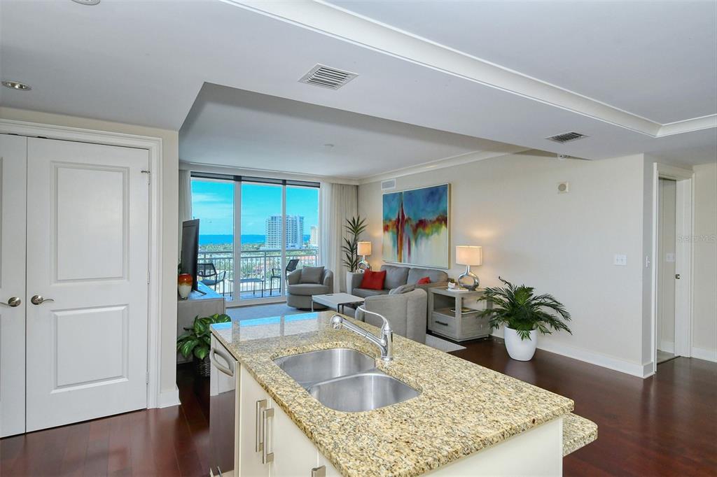 1350 Main Street, Unit 1202 Sarasota, FL 34236 - Photo 16 of 41 a kitchen with a sink a counter space and wooden floor