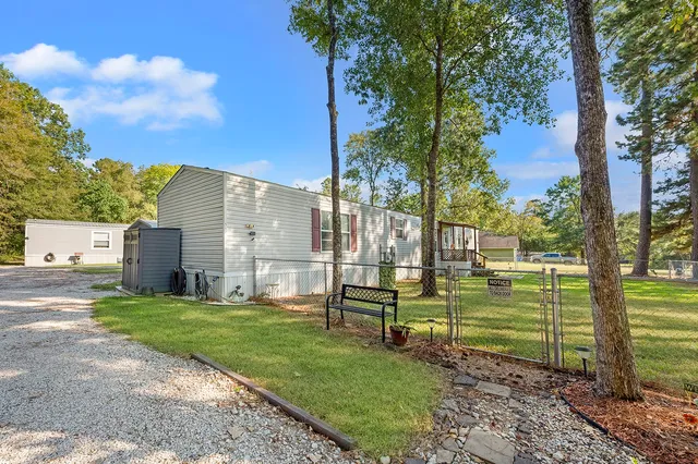 a view of a park with large trees