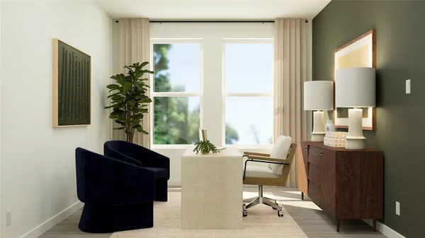 a dining room with furniture and window