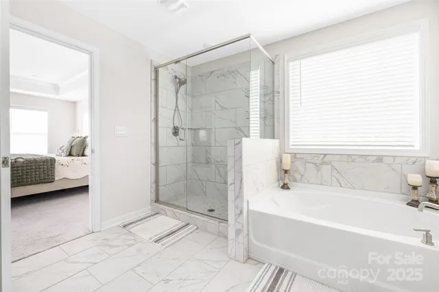 a bathroom with a bathtub and a shower
