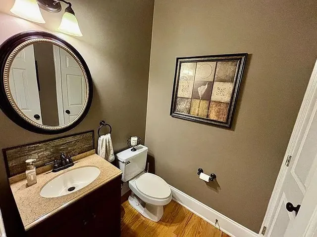 a bathroom with a toilet a sink and a mirror