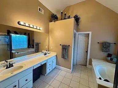 a bathroom with a tub sink and mirror