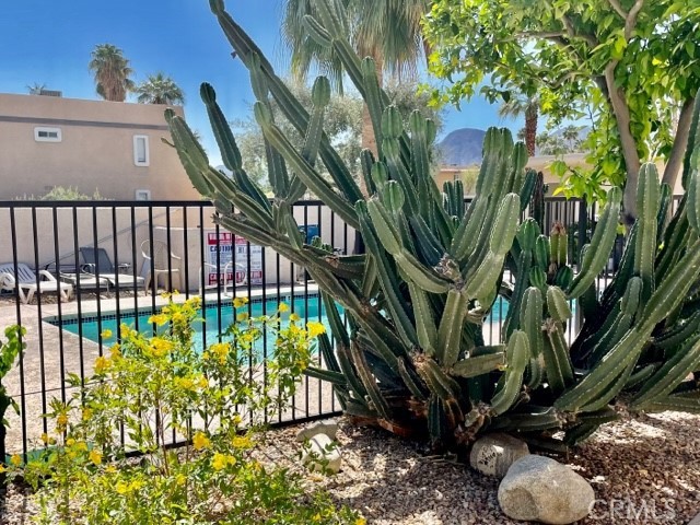 73740 Santa Rosa Way, Unit 5 Palm Desert, CA 92260 - Photo 19 of 20 a view of a backyard with plants and wooden fence