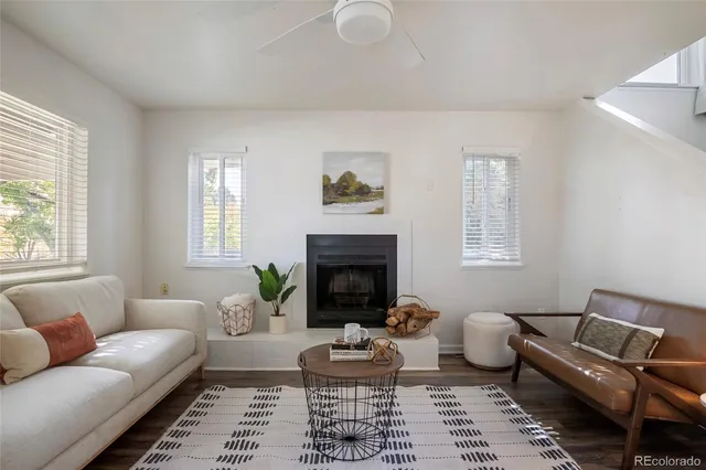a living room with furniture and a fireplace