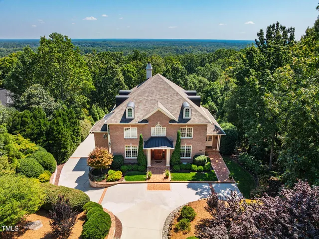 an aerial view of a house with a yard and potted plants