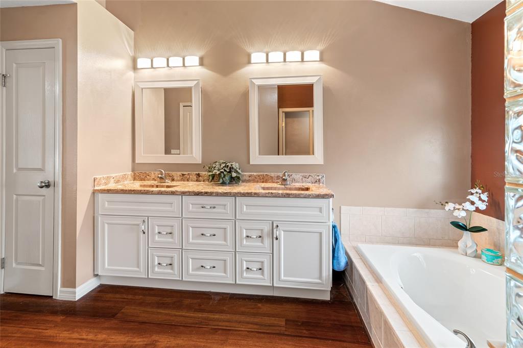 28390 Openfield Loop Wesley Chapel, FL 33543 - Photo 12 of 44 a bathroom with a tub a double vanity sink and a large mirror