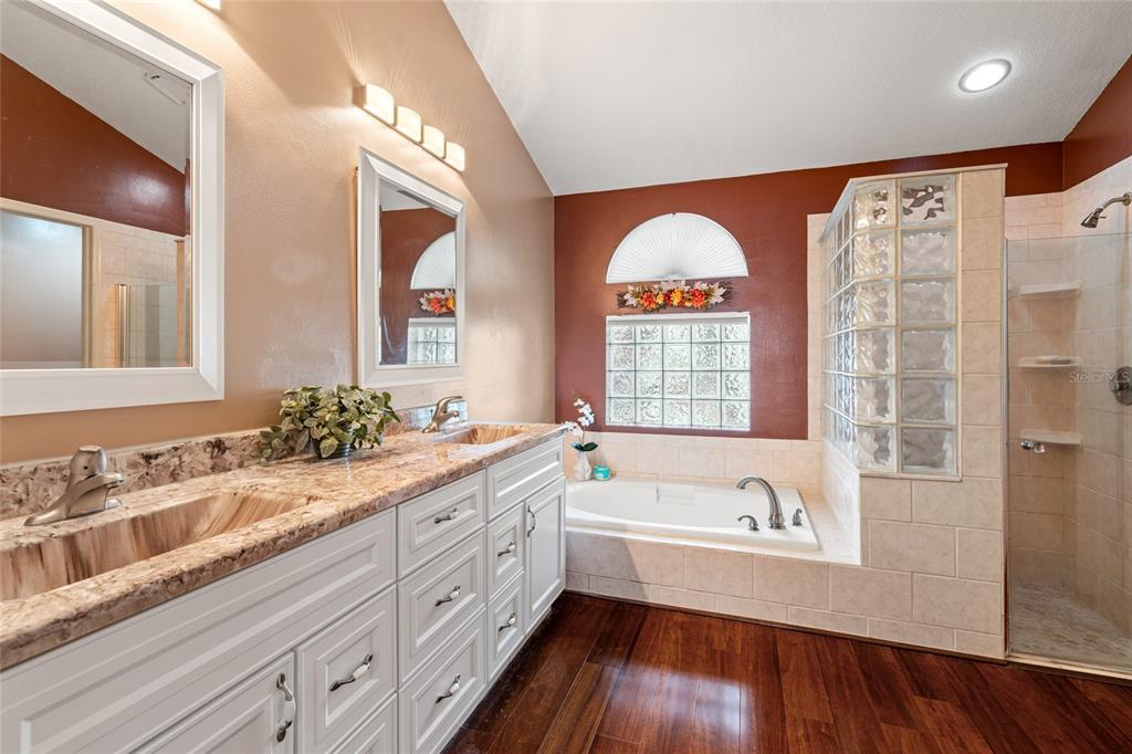 28390 Openfield Loop Wesley Chapel, FL 33543 - Photo 10 of 44 a bathroom with a bathtub a sink and a large mirror