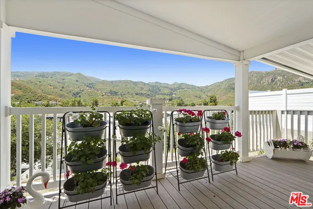 a view of a balcony with chairs and a potted plant