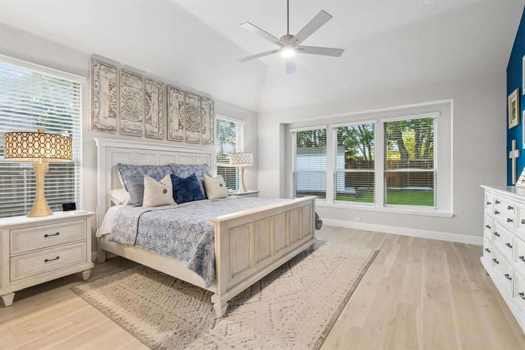 1023 Ridgehurst Road Melissa, TX 75454 - Photo 18 of 39 Spacious bedroom featuring light wood-finish flooring, vaulted ceilings, and a ceiling fan with integrated lighting