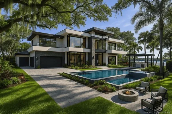 a front view of a house with swimming pool