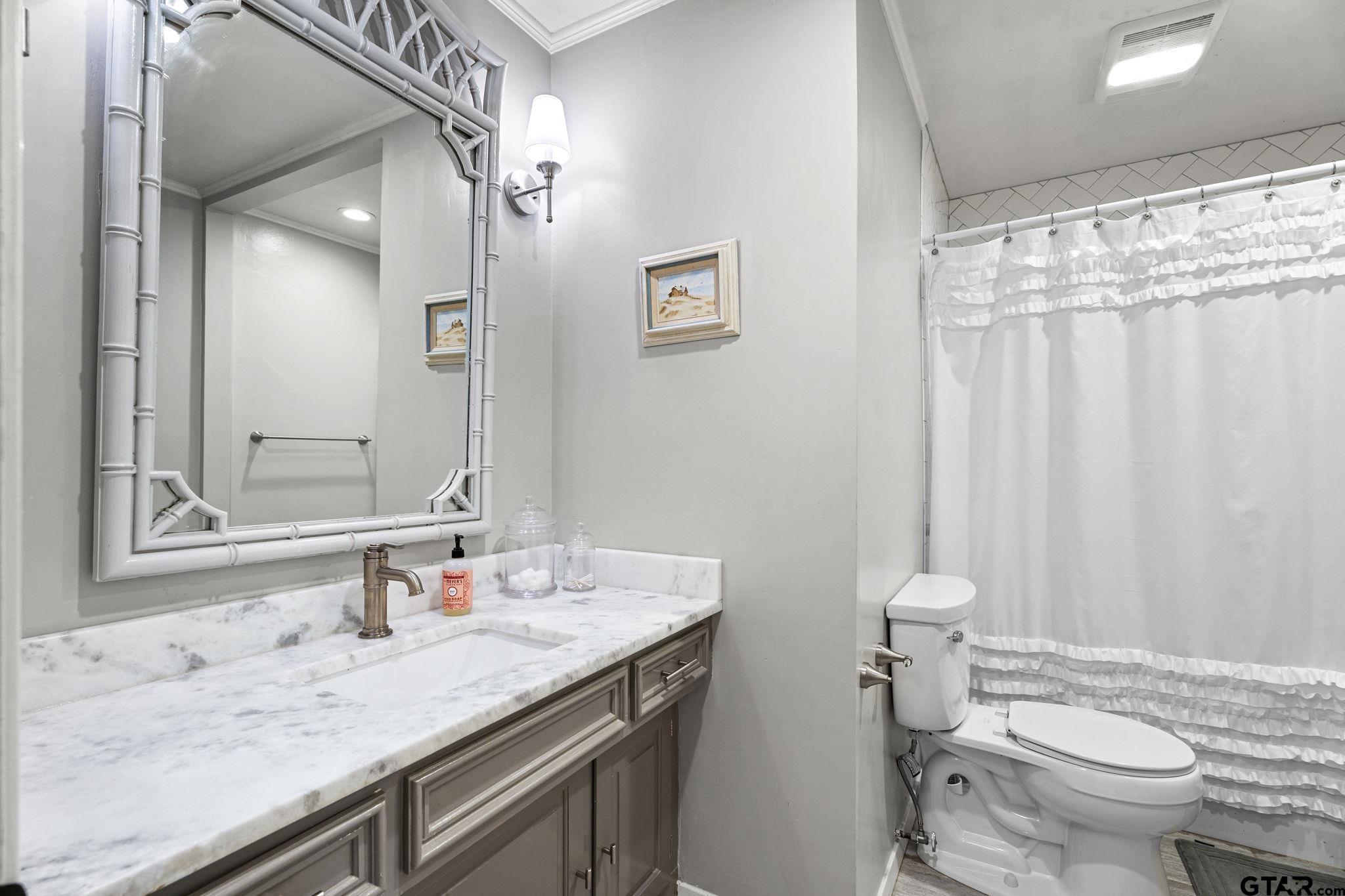 3608 Pollard Drive Tyler, TX 75701 - Photo 11 of 14 a bathroom with a granite countertop sink toilet and a mirror