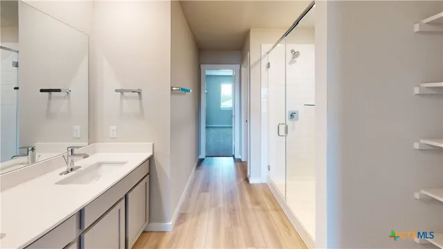 a bathroom with a sink a mirror and a shower