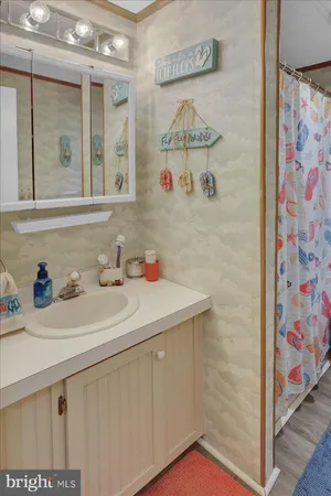 a bathroom with a sink a mirror and a shower