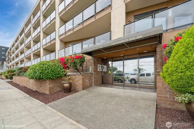 a view of a building with sitting area