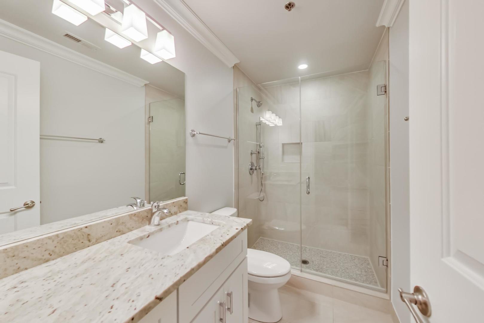 1249 West Madison Street, Unit 207 Chicago, IL 60607 - Photo 10 of 19 a bathroom with a granite countertop sink a toilet and shower