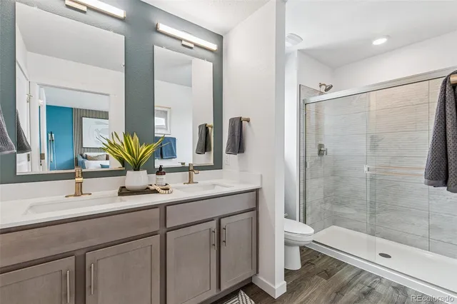 a bathroom with a double vanity sink toilet and shower