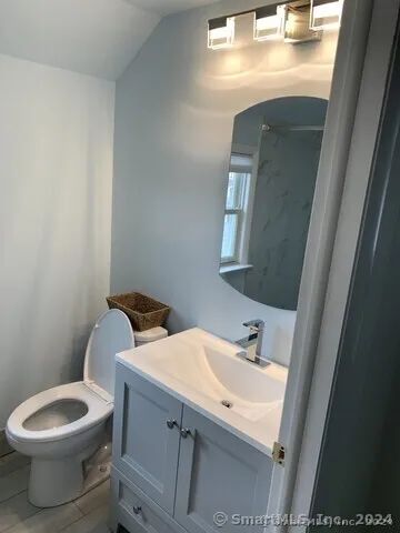 a bathroom with a toilet sink and mirror