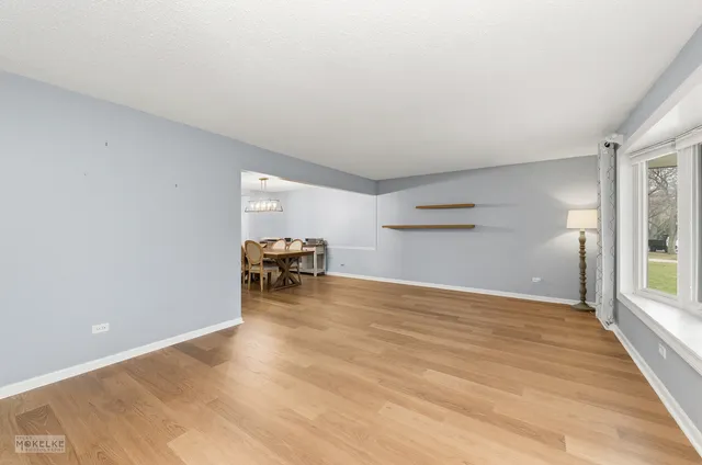 a view of empty room with wooden floor and fireplace