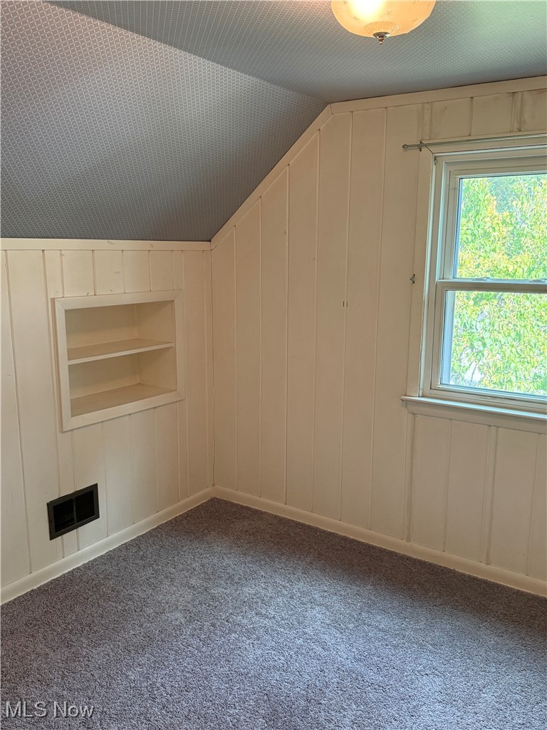 1284 Haverston Road Lyndhurst, OH 44124 - Photo 28 of 43 Additional living space featuring built in shelves, vaulted ceiling, dark carpet, and a decorative wall