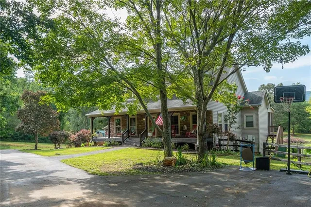 a view of a house with a yard potted plants and a large tree
