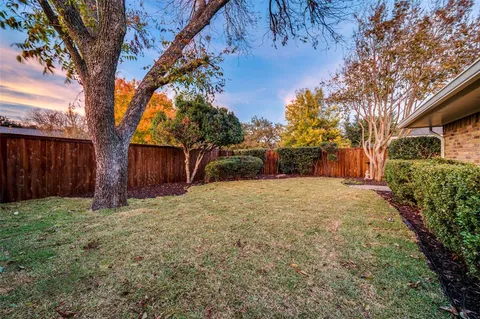 a view of a backyard with wooden fence and a large tree