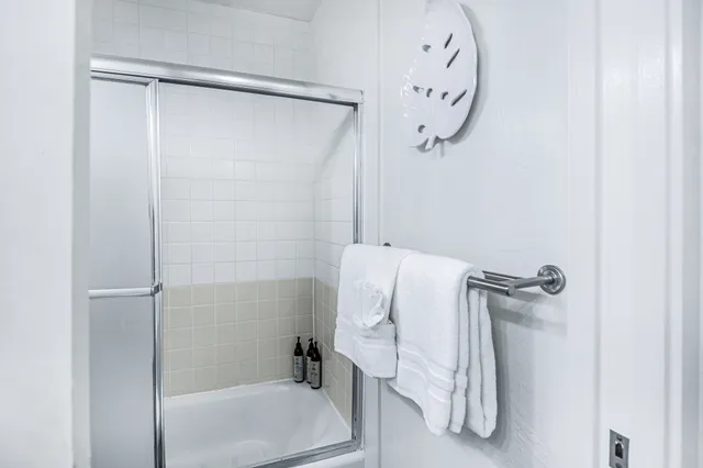 a bathroom with a bathtub and a shower