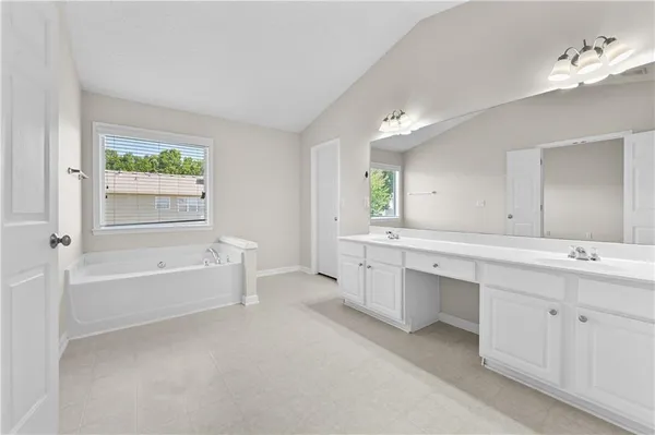 a bathroom with a tub sink and mirror