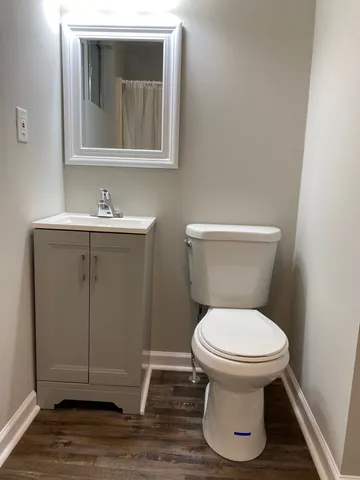 a bathroom with a toilet sink and vanity