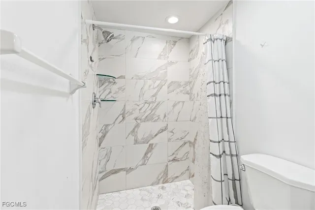 a bathroom with a shower curtain and a toilet