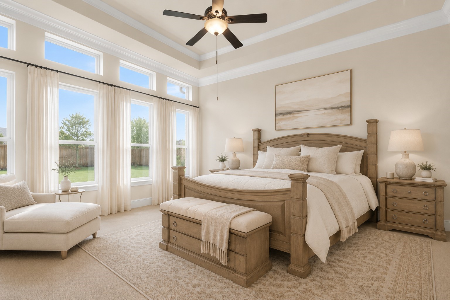 4022 Sabine Valley Trail Spring, TX 77386 - Photo 16 of 46 Primary bedroom with a wall of windows, tray ceiling, and two large closets, offering a bright, spacious, and private retreat. Virtually staged to show the room’s potential.