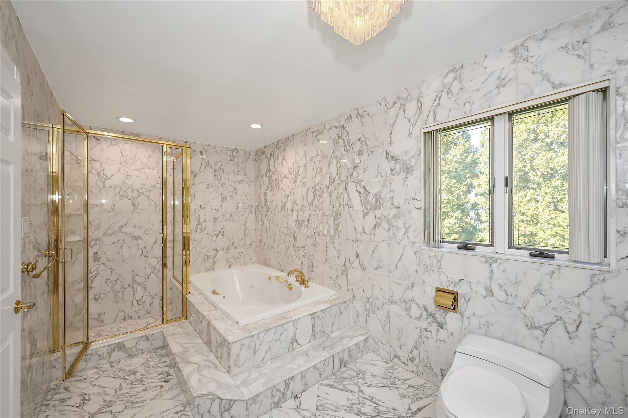 85 Meadow Woods Road Great Neck, NY 11020 - Photo 14 of 25 The primary bathroom features a separate stall shower and a relaxing spa tub, with marble floors and walls throughout.