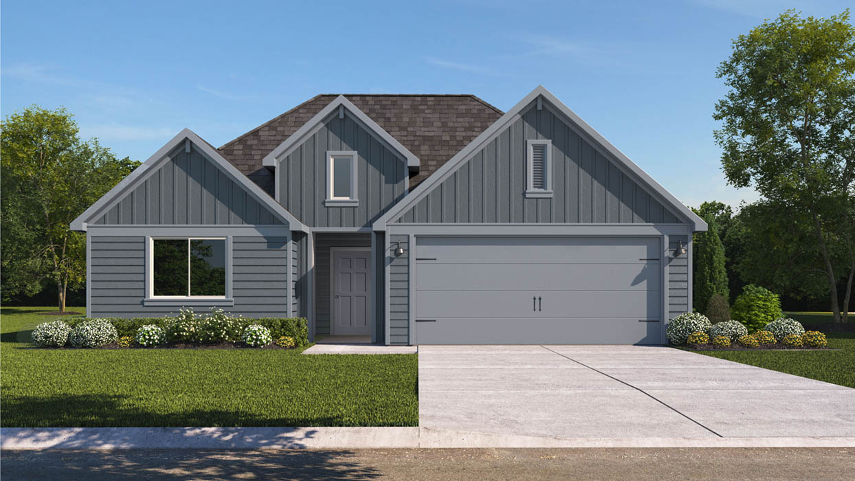 Contemporary single-story residence with a dark gray shingle roof and a light gray exterior