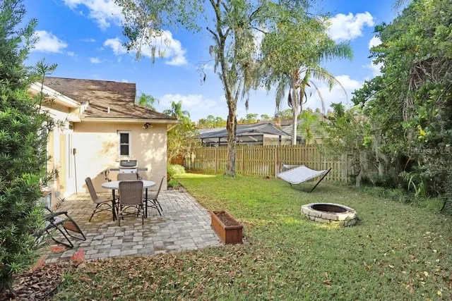 a view of a backyard with sitting area