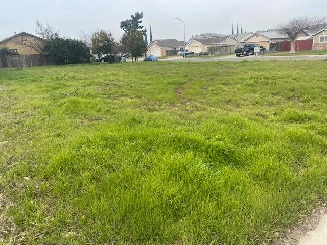 a backyard of a house with lots of green space and fountain