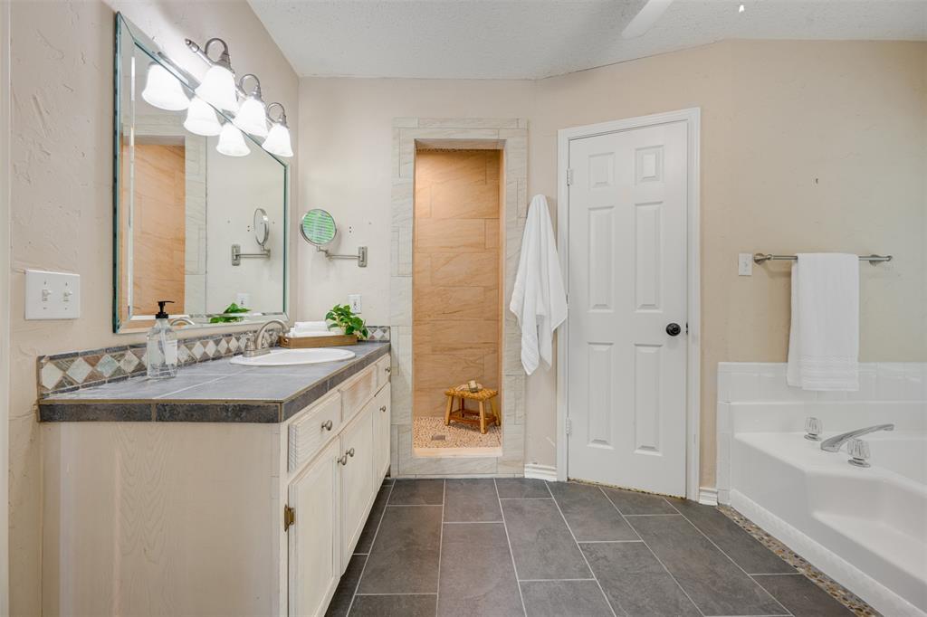 248 Butternut Lane Powderly, TX 75473 - Photo 19 of 40 a bathroom with a granite countertop sink two mirror and a bathtub