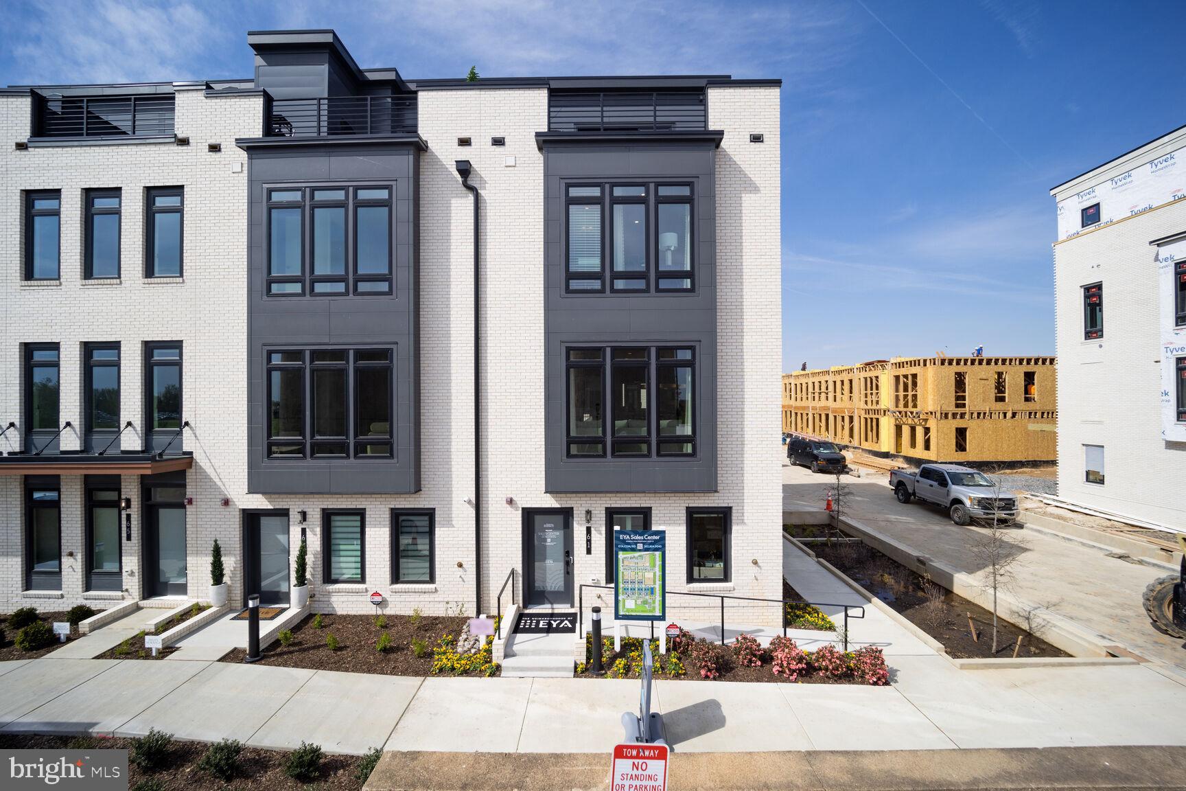 a front view of a building with street view