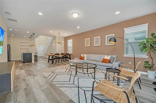 a view of a dining room with furniture