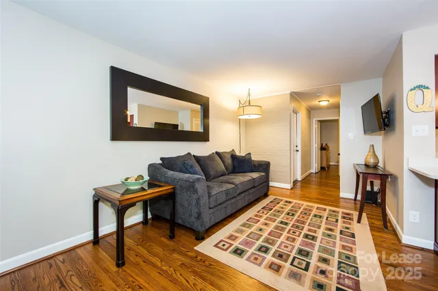 a living room with furniture a dining table and a rug
