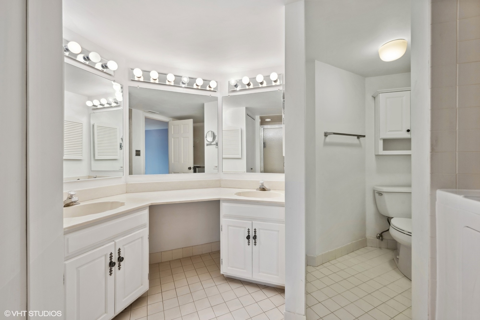3851 Mission Hills Road, Unit 203 Northbrook, IL 60062 - Photo 11 of 21 a spacious bathroom with a toilet a sink a mirror and a shower